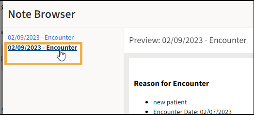 Note Browser page with a yellow highlight box around the blue encounter visit hyperlink.